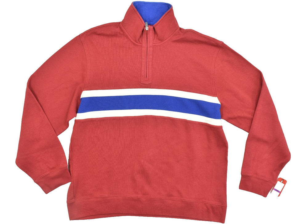 IZOD Men XXL Red Quarter Zip Pullover Sweater Blue White Chest Stripe Cotton NEW